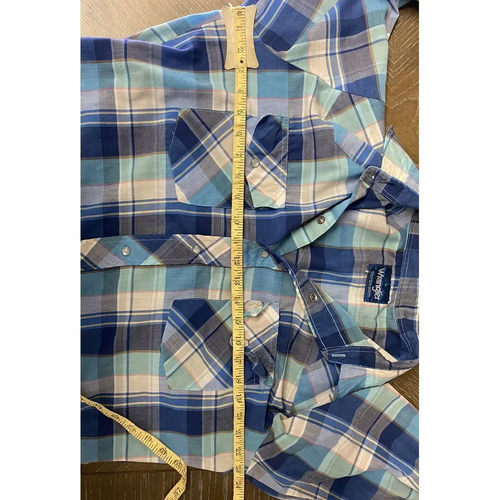 Vtg Wrangler Mens‎ Large Western Shirt Blue Teal Plaid Pearl Snap Buttons